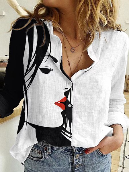 

Long Sleeve Face Regular Loose Shirt For Women, White, Shirts