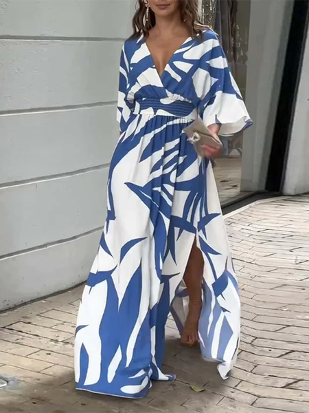 Women Geometric V Neck Half Sleeve Comfy Casual Maxi Dress, Blue, Dresses