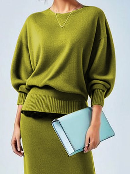 

Plain Crew Neck Elegant Long Sleeve Sweater, Green, Pullovers