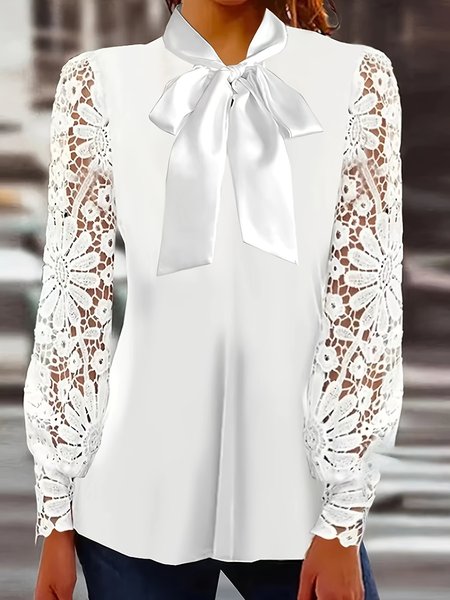 

V Neck Long Sleeve Geometric Lace Regular Regular Fit Blouse For Women, White, Blouses