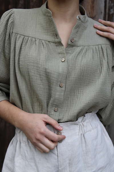 Loose Cotton Stand Collar Casual Shirt, Army green, Blouses & Shirts