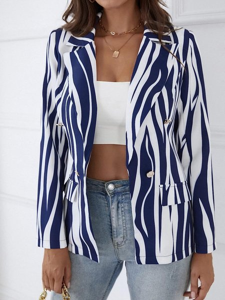 

Women's Spring/Fall Outerwear Casual Striped Long Sleeve Regular Blazer, Blue, Blazers