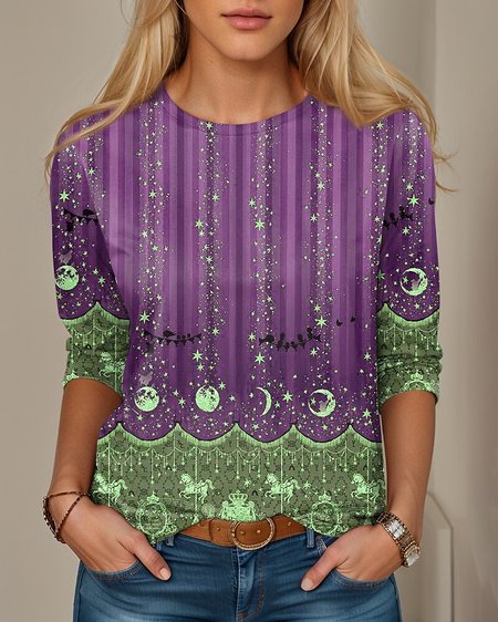 Casual Abstract Crew Neck Long Sleeve T-shirt, Purple, T-shirts