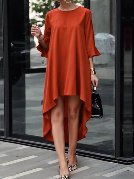 

Daily Crew Neck Plain Loose Three Quarter Sleeve Dress, Red, Midi Dresses