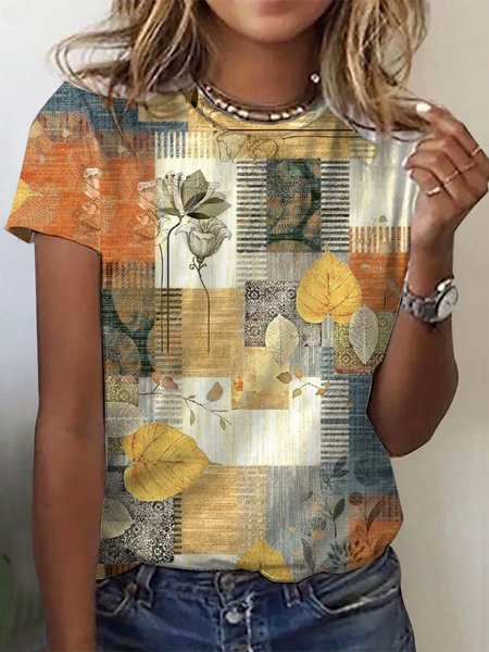 

Round Neck Loose T-Shirt With Floral Design, Khaki, T-shirts