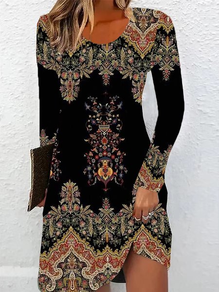 

Women Ethnic Crew Neck Long Sleeve Comfy Casual Midi Dress, Black, Dresses
