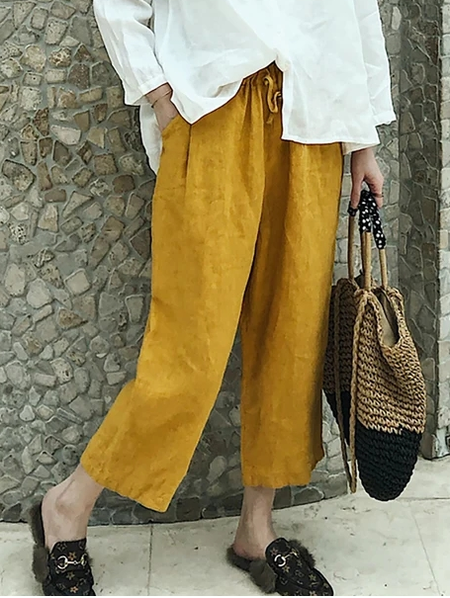 

Casual Loose Cotton Plain Pants, Yellow, Pants