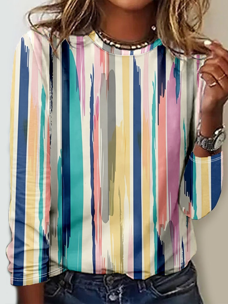 

Casual Striped Crew Neck Long Sleeve T-shirt, Multicolor, T-shirts