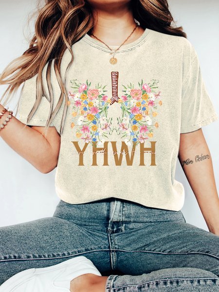 

YHWH Floral Christian Washed T-Shirt Vintage Distressed Shirt, Off white, T-shirts