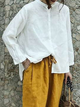 

Stand Collar Loose Plain Casual Shirt, White, Blouses & Shirts