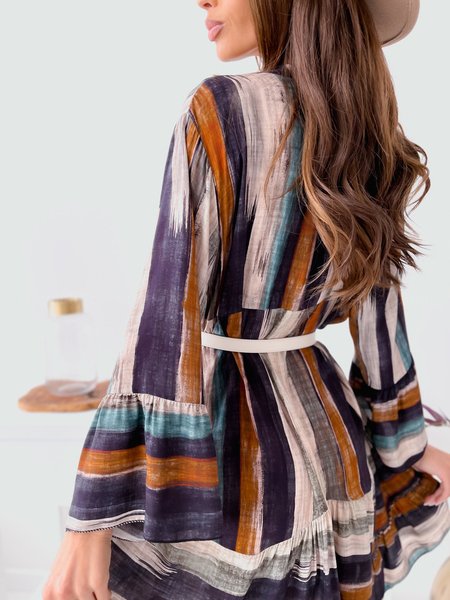 

Women Striped V Neck Long Sleeve Comfy Casual Midi Dress, Coffee, Dresses