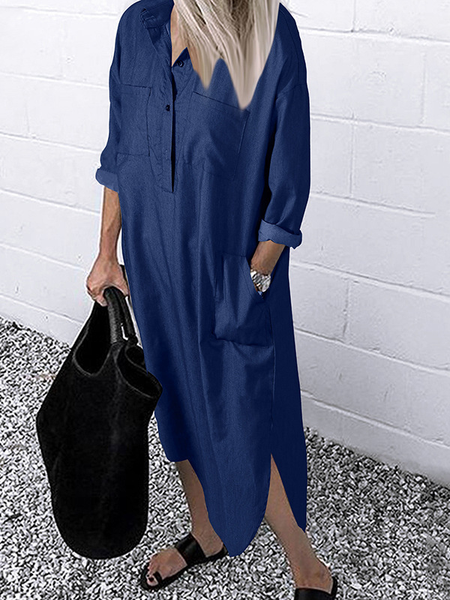 Denim Casual Shirt Collar Loose Dress With No, Deep blue, Maxi Dresses
