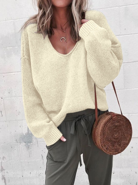 

Women's Spring/Fall Plain Casual Long Sleeve V Neck Yarn/Wool Yarn Sweater, Off white, Sweaters