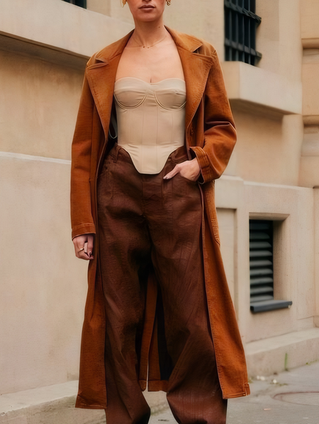 

Cross Neck Regular Sleeve Urban Trench Coat With No, Brown, Coats