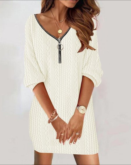Women Striped V Neck Long Sleeve Comfy Casual Zipper Midi Dress, Apricot, Dresses