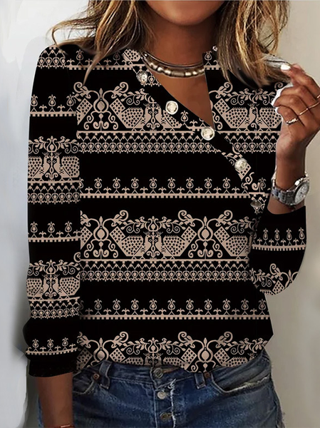 

Long Sleeve Ethnic Regular Regular Fit Blouse For Women, Black, Blouses
