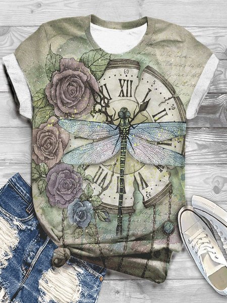 

Casual Floral Crew Neck Short Sleeve T-shirt, Light khaki, T-shirts