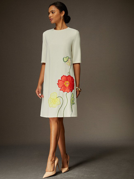 

Plus Size Loose Embroidery Crew Neck Half Sleeve Elegant Regular Sleeve Mini Dress, Off white, Plus Dresses