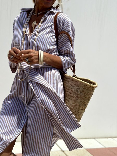 

Women Striped Shirt Collar Half Sleeve Comfy Casual Midi Dress, Gray, Dresses