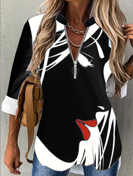 

Long Sleeve Face Zipper Regular Regular Fit Blouse For Women, Black, Blouses