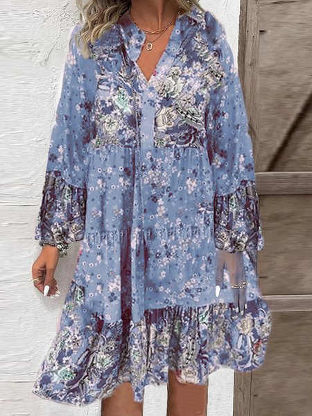 

Women Floral V Neck Long Sleeve Comfy Casual Mini Dress, Blue, Dresses