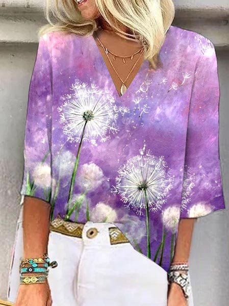 Dandelion Oil Painting Design V Neck Top