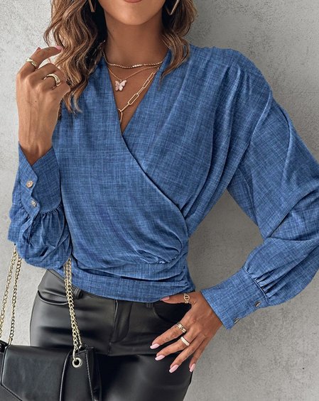 

V Neck Long Sleeve Geometric Regular Regular Fit Blouse For Women, Blue, Blouses