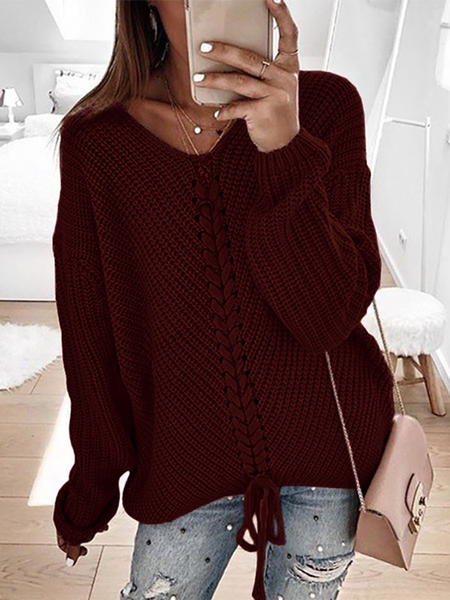 

V Neck Yarn/Wool Yarn Casual Color Block Sweater, Wine red, Sweaters & Cardigans