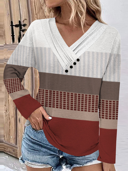 

Casual Striped V Neck Long Sleeve T-shirt, Red brown, T-shirts