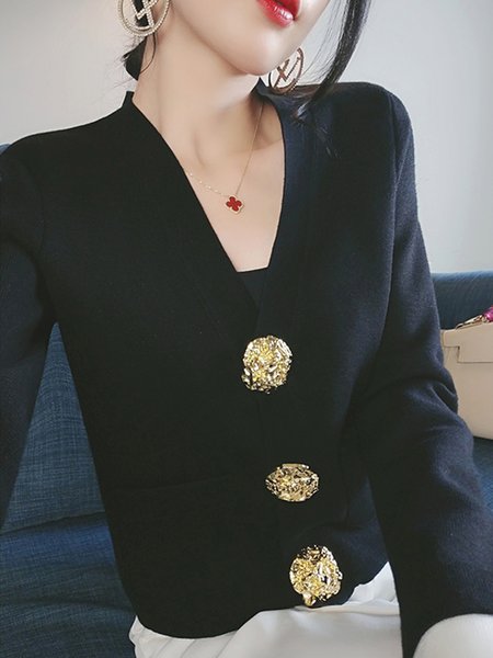 

Urban V Neck Plain Pockets Buttoned Cardigan, Black, Cardigans