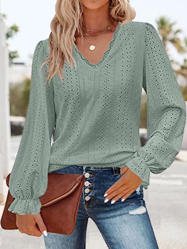 

Women's Long Sleeve Tee T-shirt Spring/Fall Plain Lace V Neck Daily Going Out Casual Top, Dark green, T-Shirts