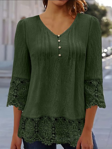 

Women's Three Quarter Sleeve Blouse Spring/Fall Plain Lace V Neck Daily Going Out Casual Top White, Darkgreen, Shirts & Blouses