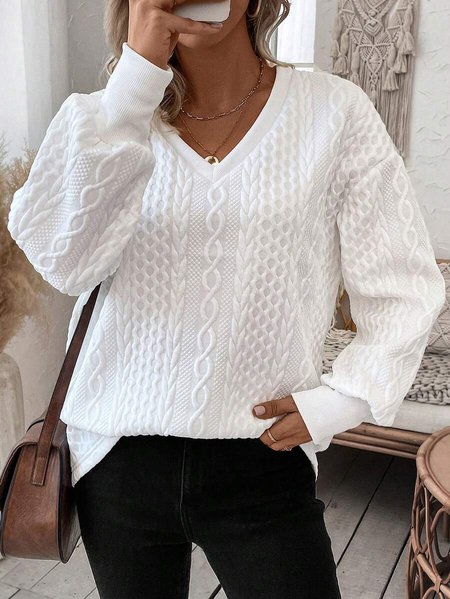 

Casual V Neck Plain Sweatshirt Zipper, White, Hoodies & Sweatshirts