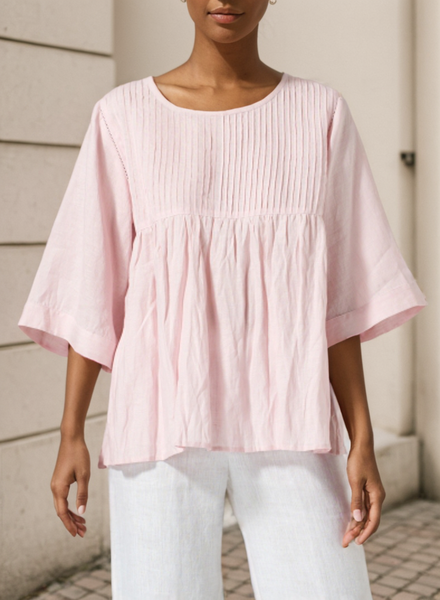 

Women's Blouses & Shirts Linen Pleated Bell Sleeve Blouse, Pink, Short/3/4 Length Sleeve