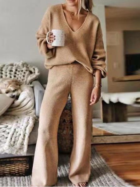

Plain Yarn/Wool Yarn Loose Casual Two-Piece Set, Coffee, Suits