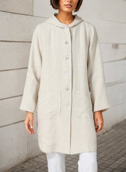 

Women's Linen Button-Up Hooded Tunic, Oatmeal, Outerwear