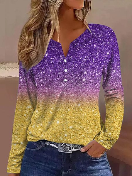 

Casual Floral Notched Long Sleeve T-shirt, Color3, T-shirts