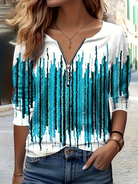 

Casual Abstract Zipper Loose T-Shirt, Green, Long sleeves