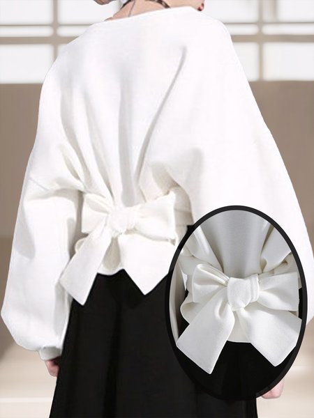 

Casual Crew Neck Loose Plain Daily Casual Bow Plain Sweatshirt, White, Hoodies and Sweatshirts