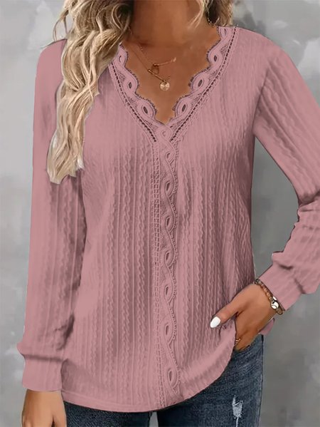 

V Neck Long Sleeve Plain Regular Loose Blouse For Women, Pink, Blouses