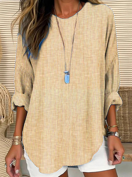 

Crew Neck Long Sleeve Striped Regular Loose Blouse For Women, Yellow, Blouses