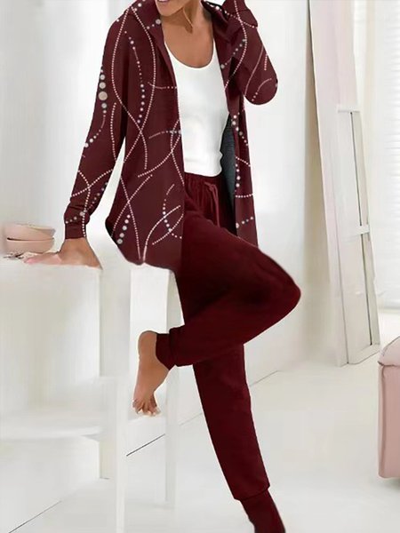 

Women Geometric Hoodie Long Sleeve Comfy Casual Top With Pants Two-Piece Set, Wine red, Sets