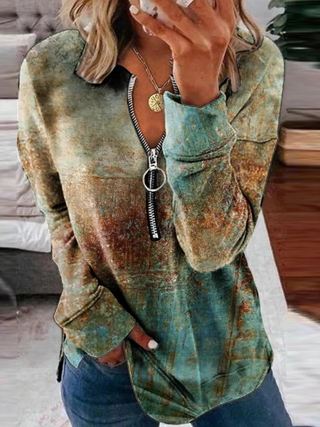 

Casual V Neck Geometric Sweatshirt Zipper, Khaki, Hoodies & Sweatshirts