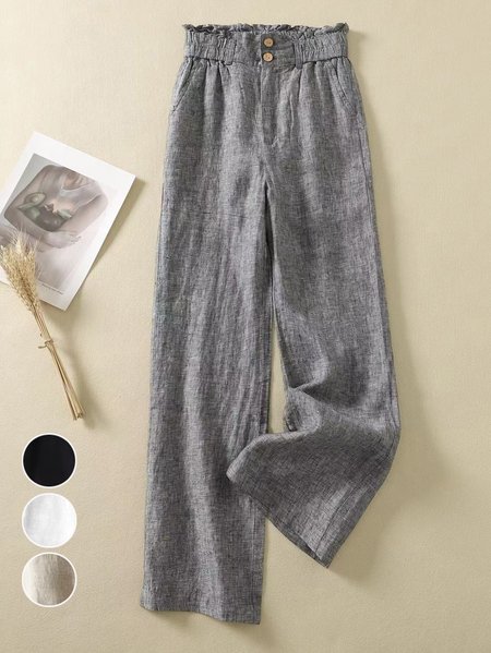 Buckle Casual Loose Plain Pants, Gray, Pants