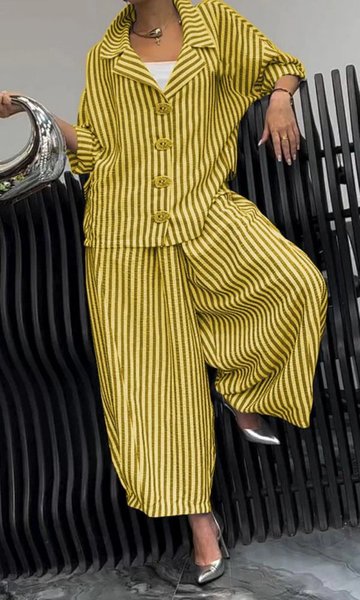 

Women Striped Shirt Collar Long Sleeve Comfy Casual Top With Pants Two-Piece Set, Yellow, Sets