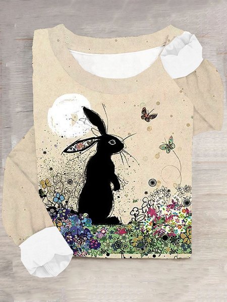

Rabbit & Flower Printed Round Neck Casual Long Sleeve T-shirt, Apricot, Long sleeves