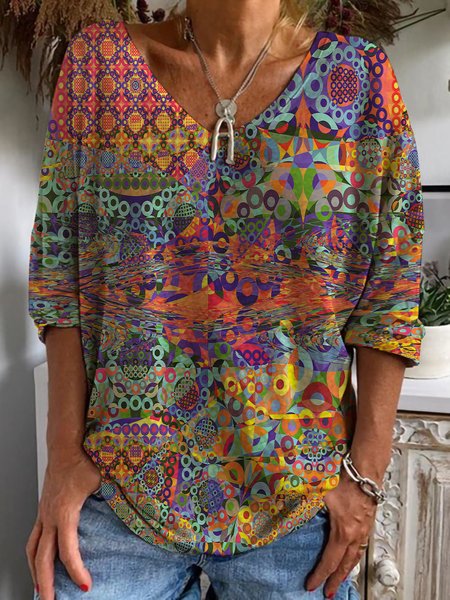 

Casual Ethnic V Neck Long Sleeve T-shirt, Blue, T-shirts