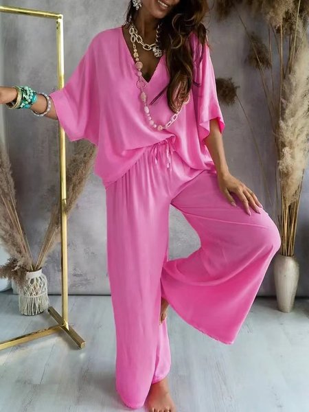 Loose Casual Plain Two-Piece Set, Pink, Suits