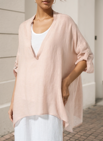 

Women's Blouses & Shirts Linen Loose Delicate Deep V-neck Overtop, Pink, Long/Full Length Sleeve