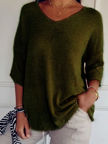 

Plain Casual Loose V Neck Sweater, Olive, Sweaters & Cardigans